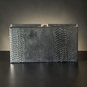 Black Embossed Snake-Texture Clutch with Gold Trim